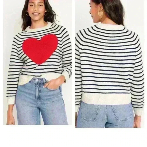 Cropped  Crew-Neck Sweater Navy Stripes/Red Heart size M - Picture 4 of 5